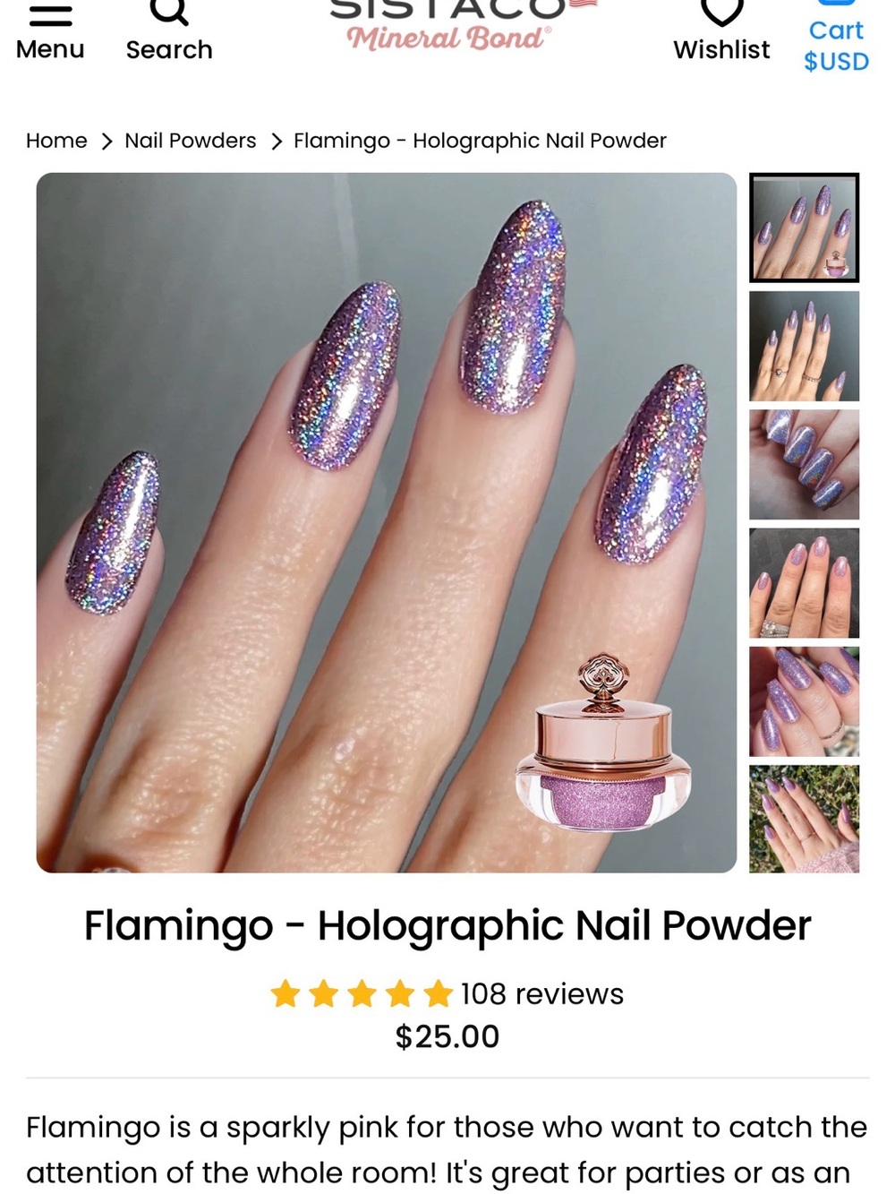 Sistaco Flamingo Holographic Pink Glitter Nail Powder